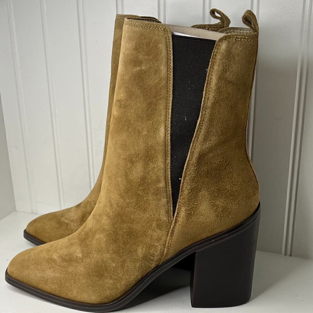 Marc Fisher LTD KRISTIE Leather Block Heel Mid-Calf Boots Med Natural Size 10